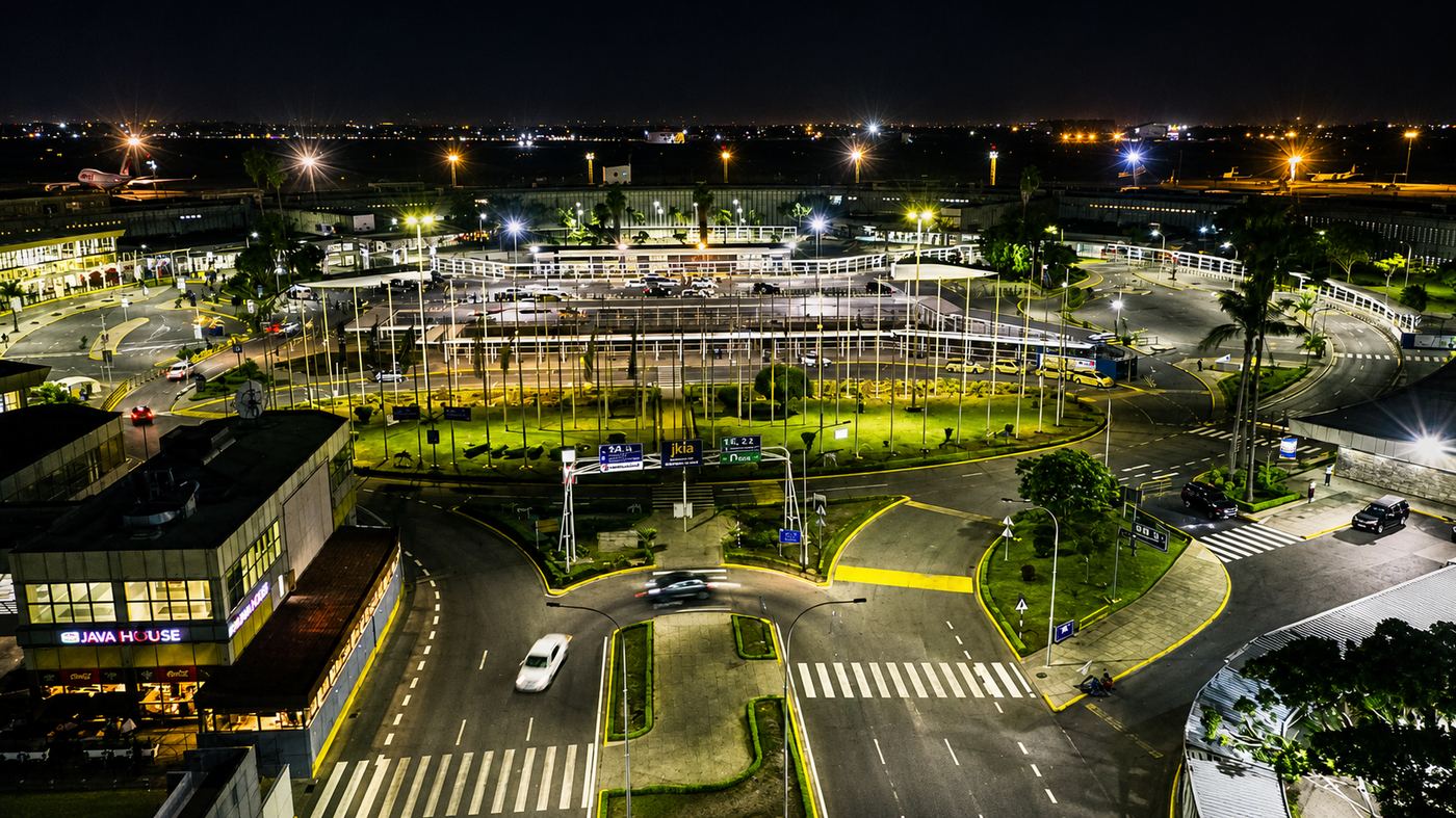 Aerial view of JKIA terminal forecourt at night