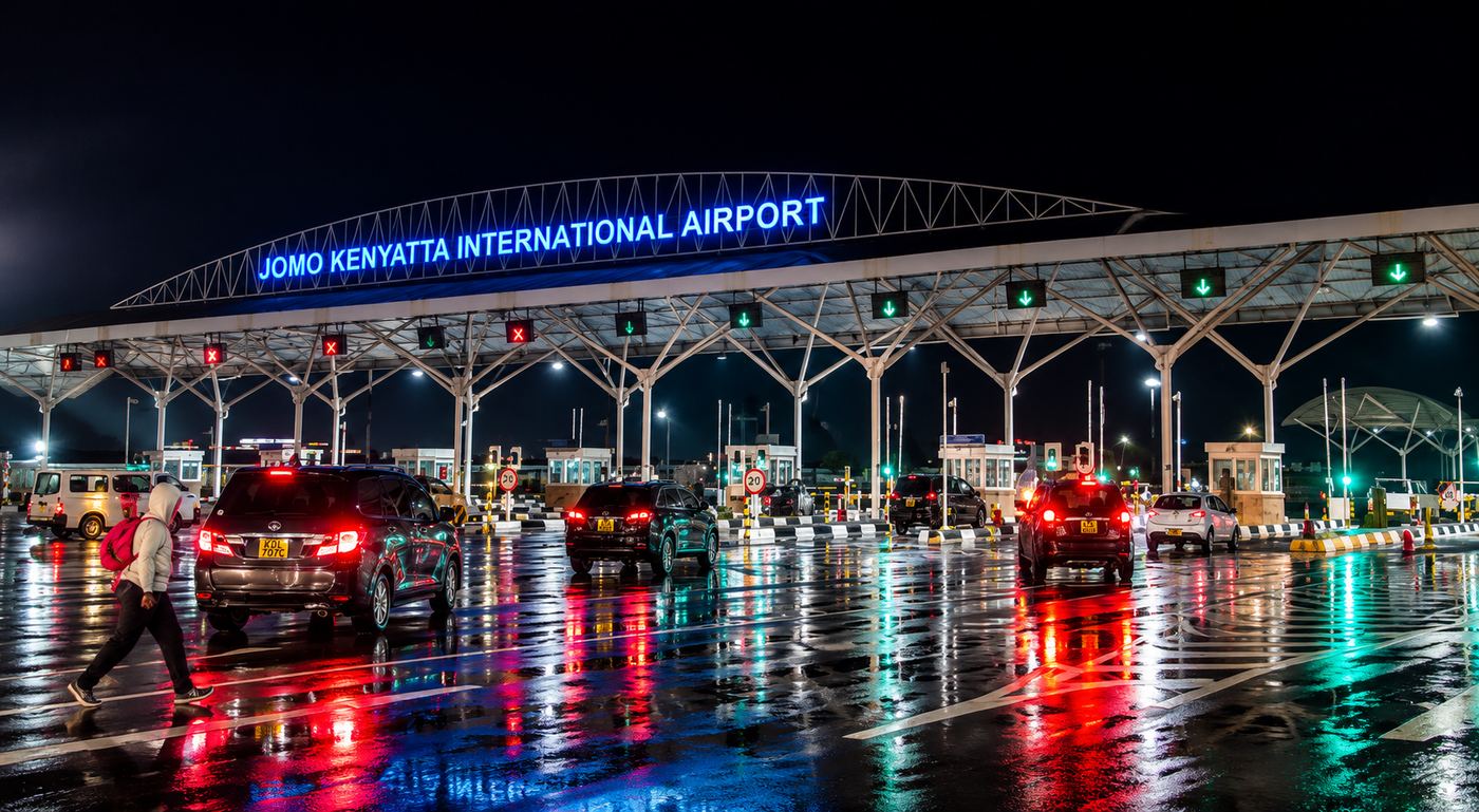 Jomo Kenyatta International Airport sign at night
